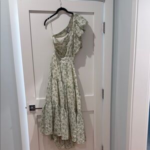 En Saison Green and White Asymmetrical Ruffled Sundress